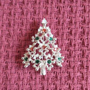 Vintage Christmas Tree Brooch Pin in Faux Crystal & Silver-Tone Metal